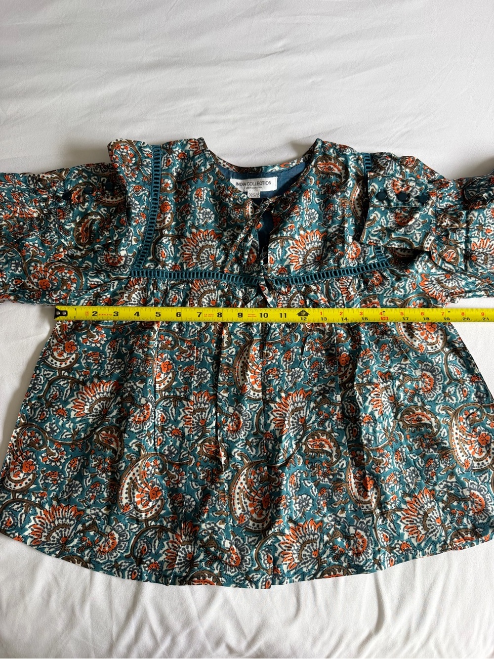 Emerson Fry India Collection "Isla" 100% Silk Teal Rust Paisley Peasant Top - Picture 14 of 15